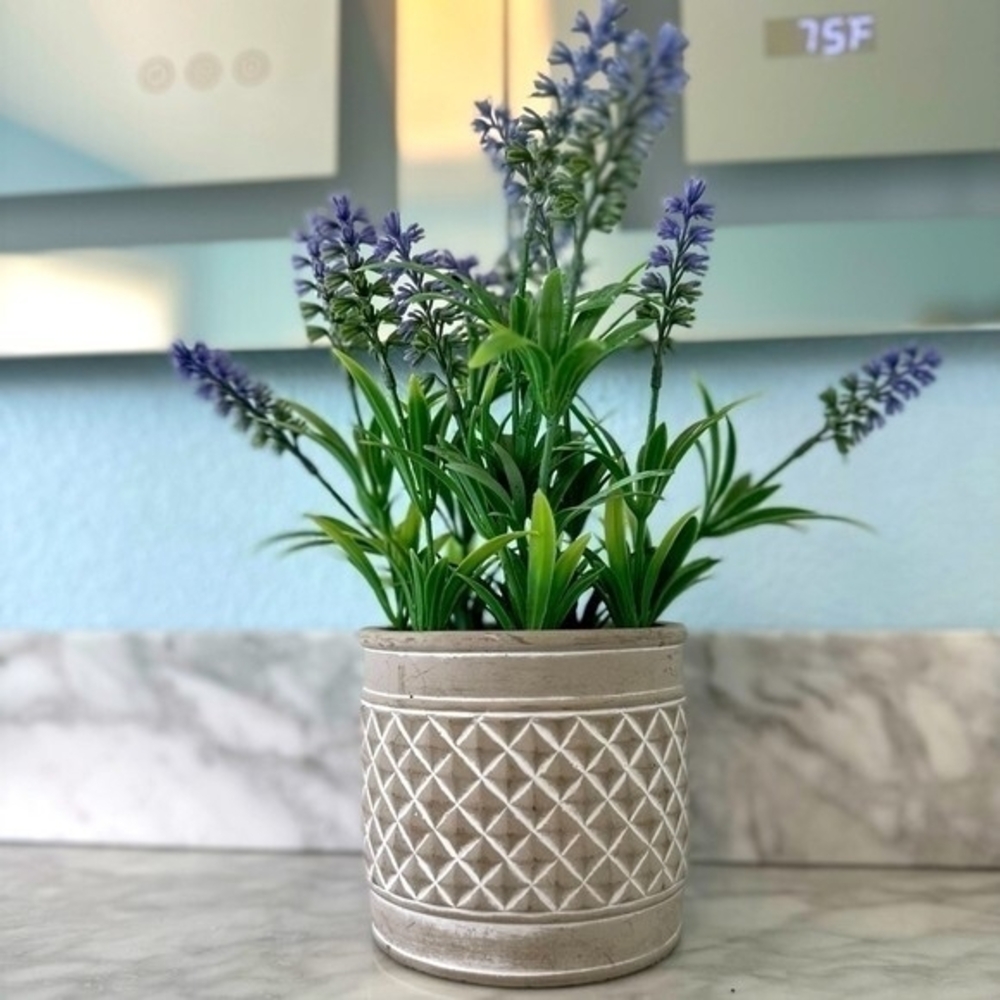 Artificial Lavender Plant White Cement Planter 12" Indoor Outdoor Faux Floral VG